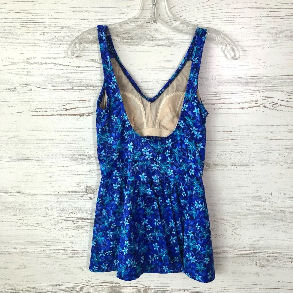 VINTAGE 80s MAXINE OF HOLLYWOOD Floral Skirted One Piece Swimsuit Made in USA 12